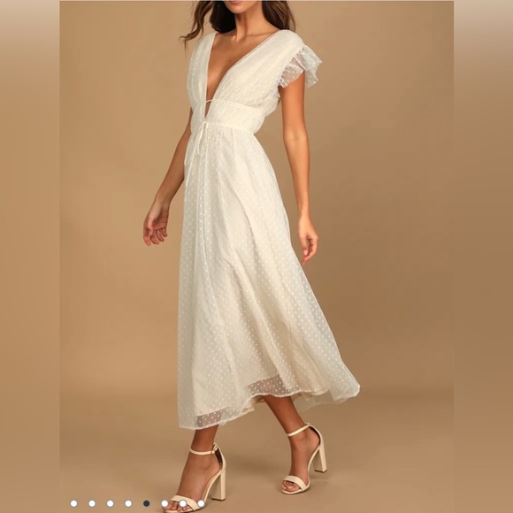 Lulus Dresses & Skirts - Lulus- Yours Evermore Cream Swiss Dot Ruffled Midi Dress, Size Small